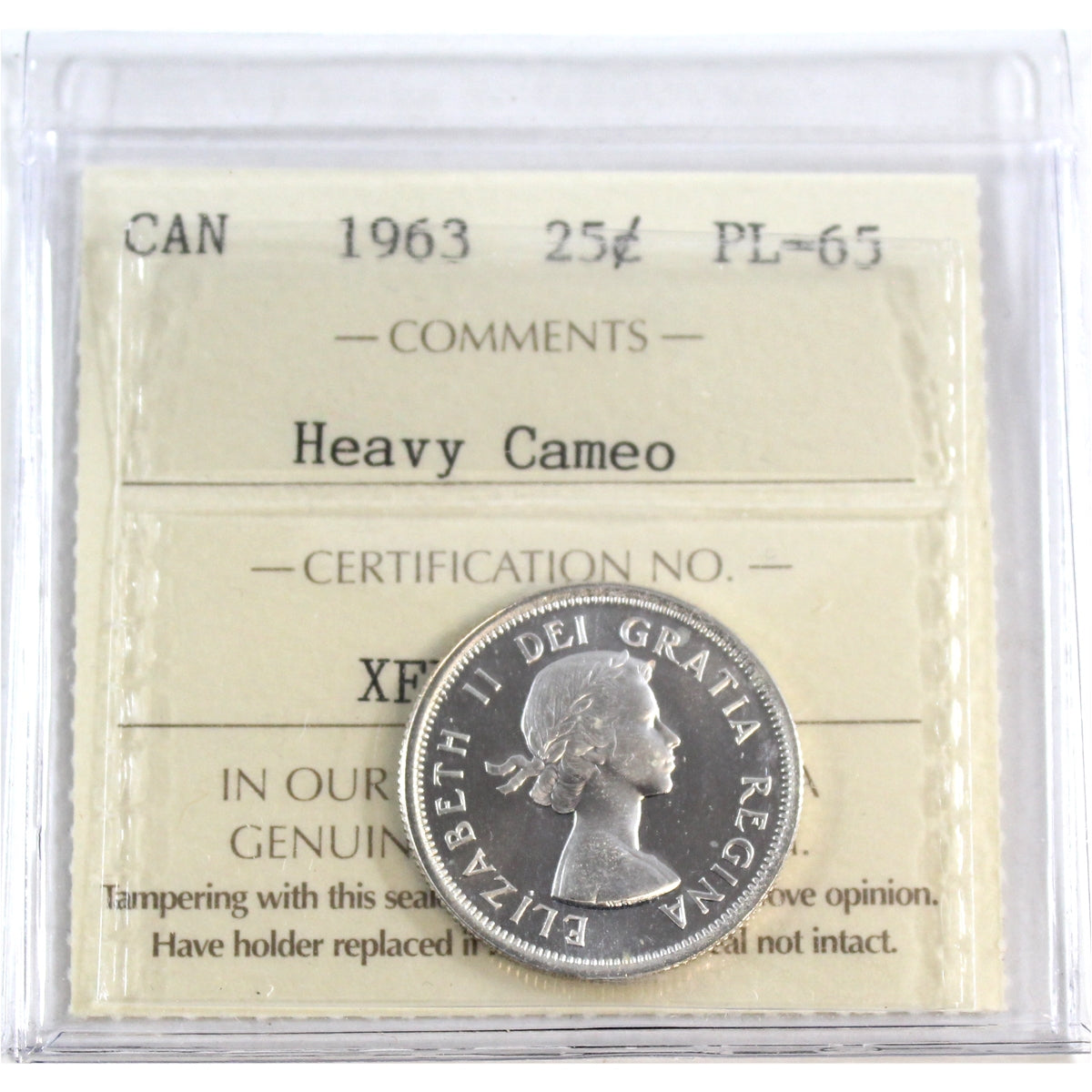 1963 Canada 25-cents ICCS Certified PL-65 Heavy Cameo