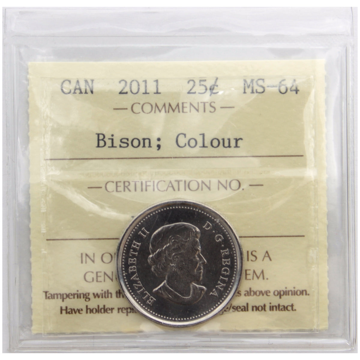 2011 Bison Coloured Canada 25-cents ICCS Certified MS-64