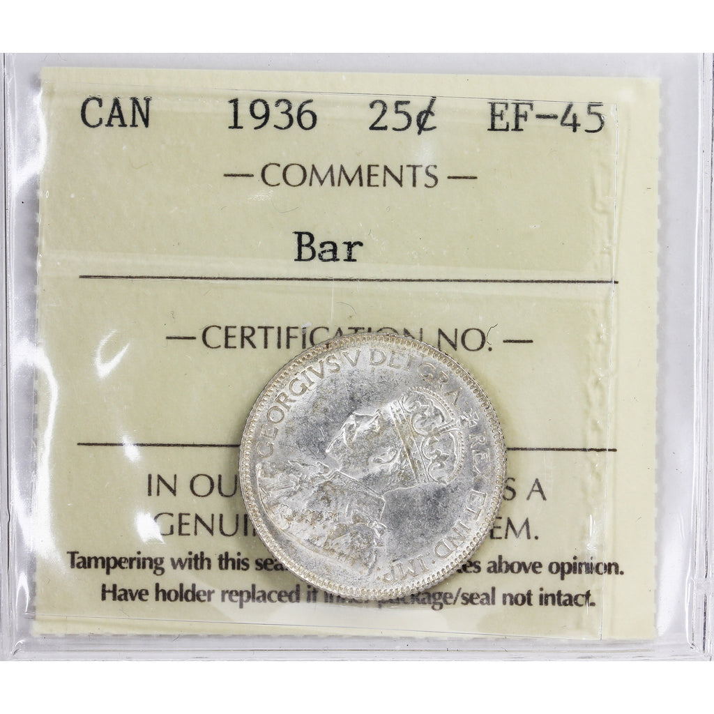 1936 Bar Canada 25-cents ICCS Certified EF-45