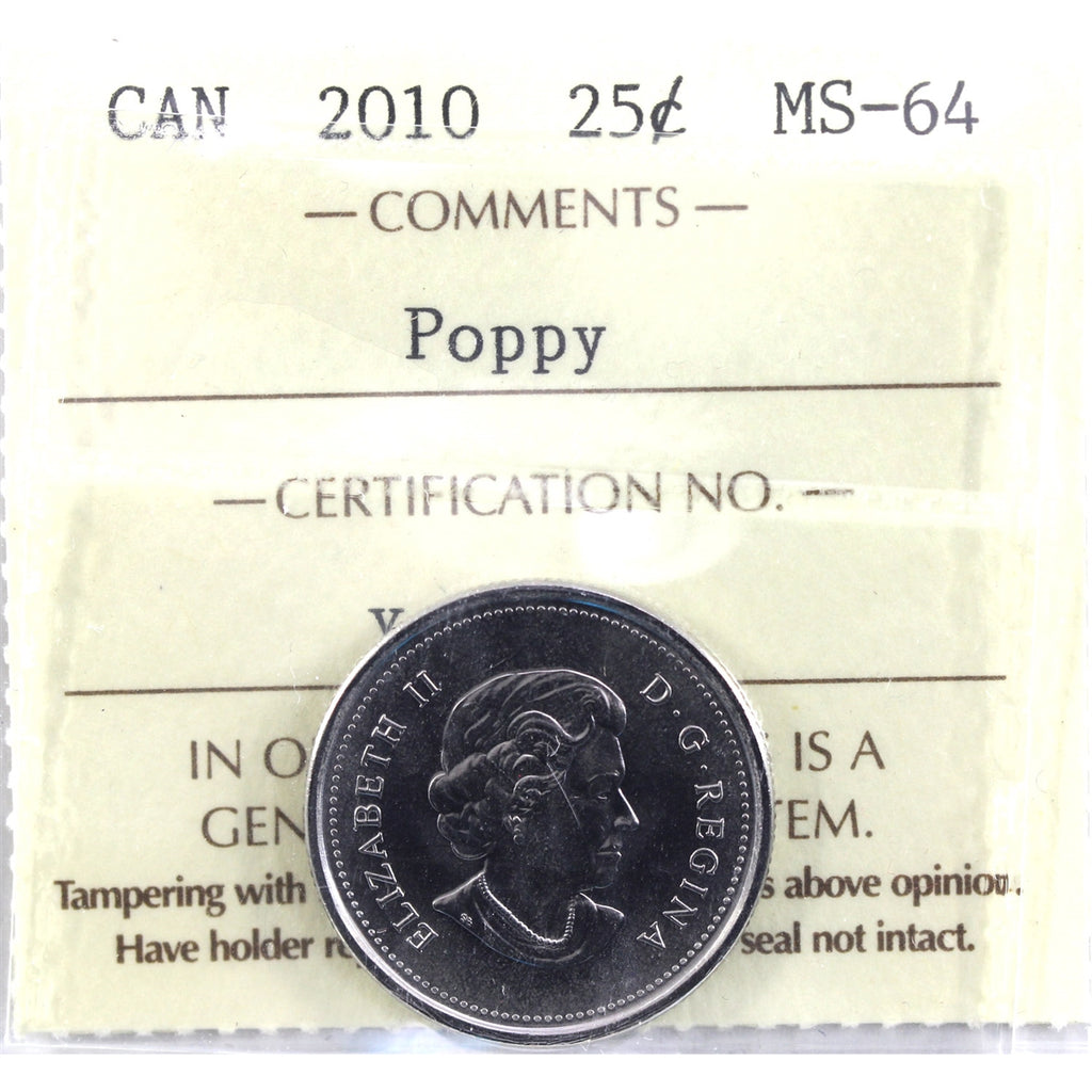 2010 Poppy Canada 25-cents ICCS Certified MS-64