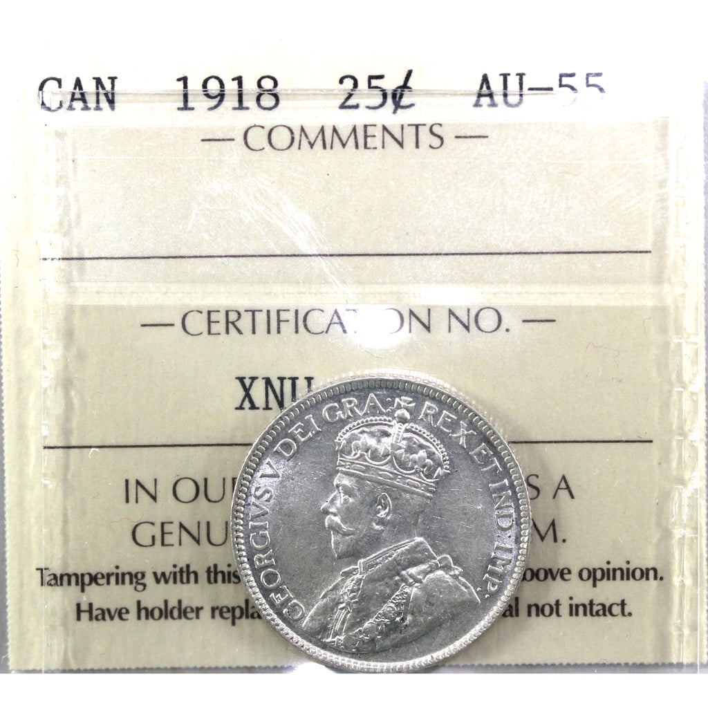 1918 Canada 25-cents ICCS Certified AU-55