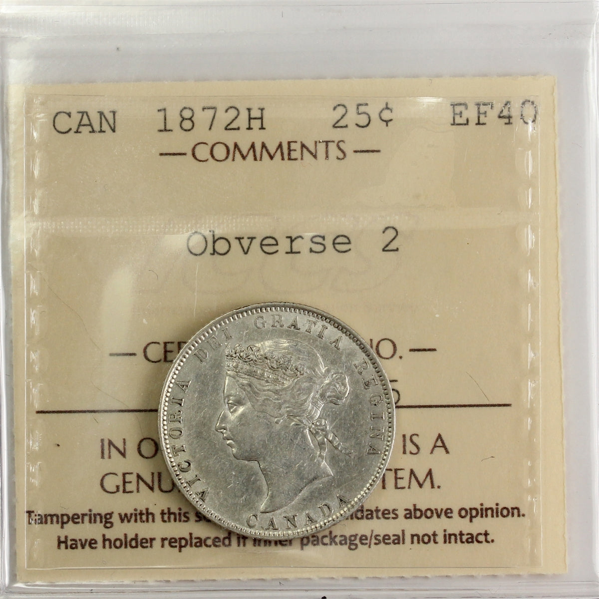 1872H Obv. 2 Canada 25-cents ICCS Certified EF-40