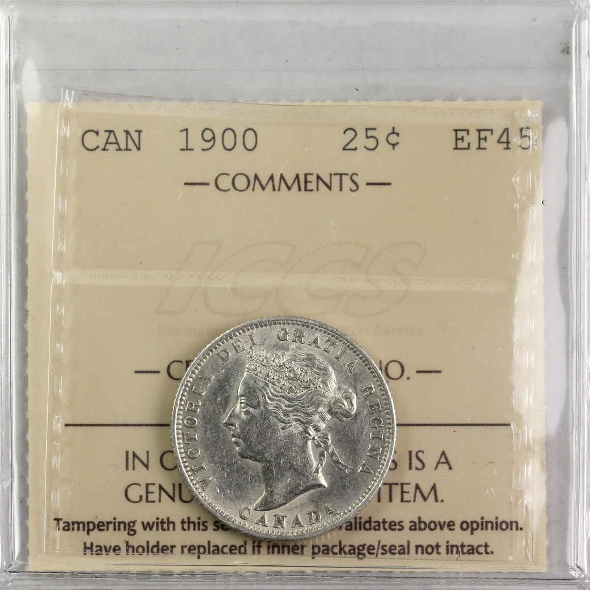 1900 Canada 25-cents ICCS Certified EF-45