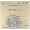 1872H Obv. 2 Canada 25-cents ICCS Certified EF-45