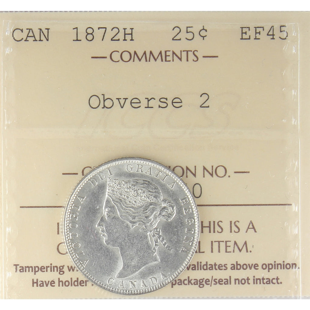 1872H Obv. 2 Canada 25-cents ICCS Certified EF-45