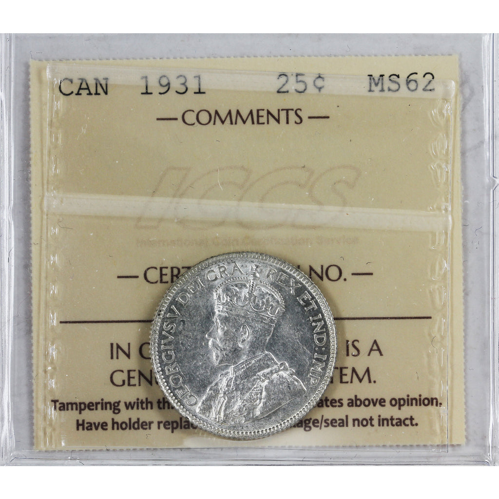 1931 Canada 25-cents ICCS Certified MS-62 (XXR 599)