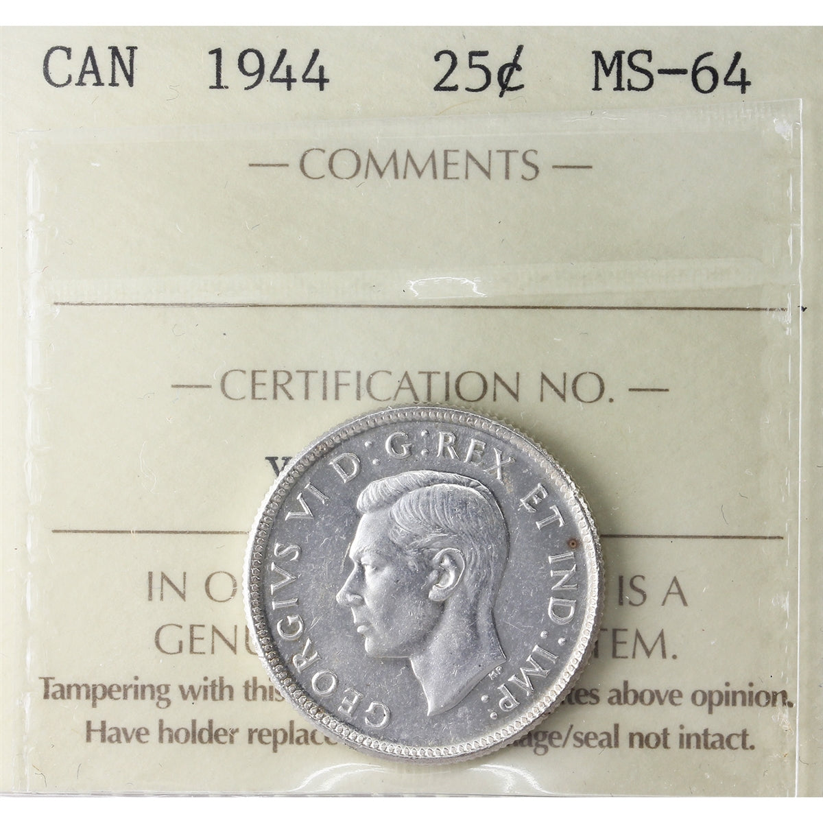 1944 Canada 25-cents ICCS Certified MS-64