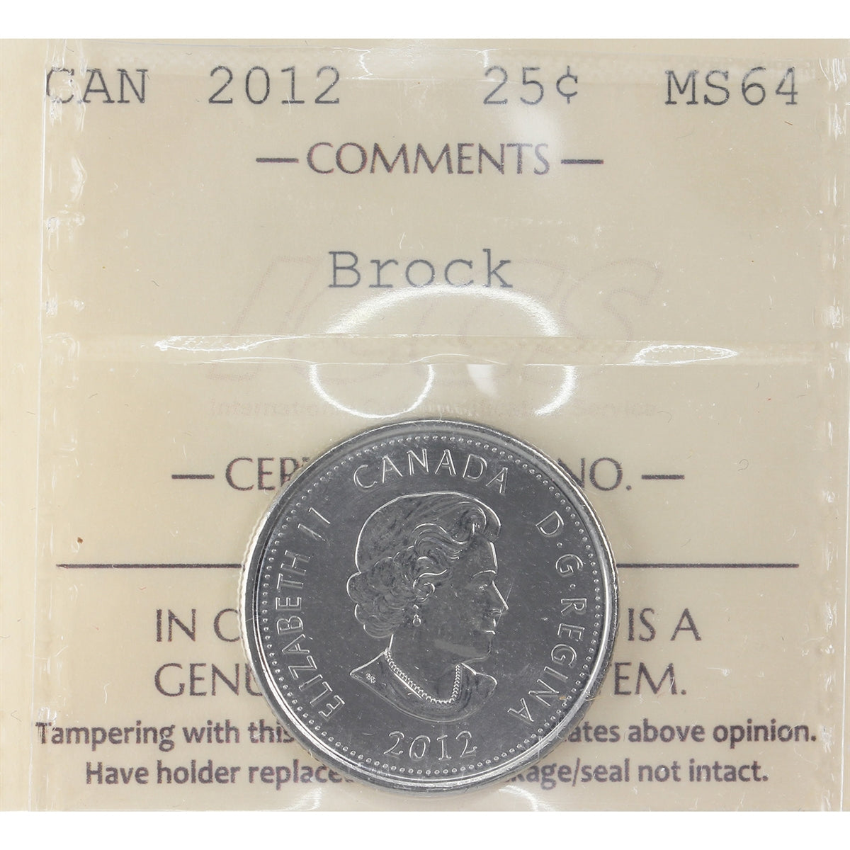 2012 Brock Canada 25-cents ICCS Certified MS-64