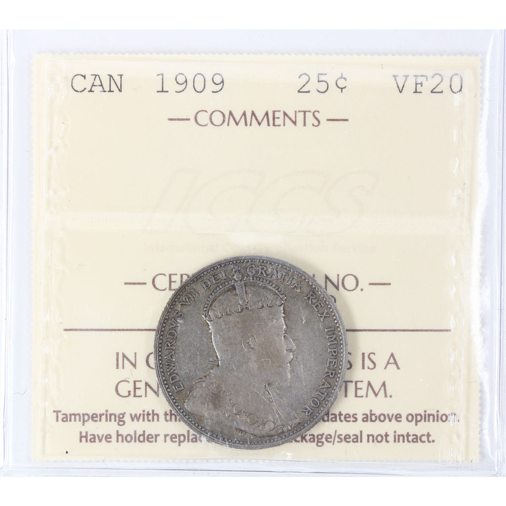 1909 Canada 25-cents ICCS Certified VF-20