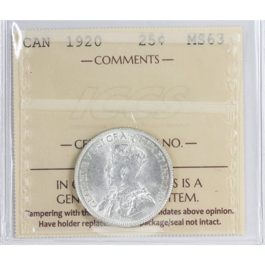 1920 Canada 25-cents ICCS Certified MS-63 (XXR 592)