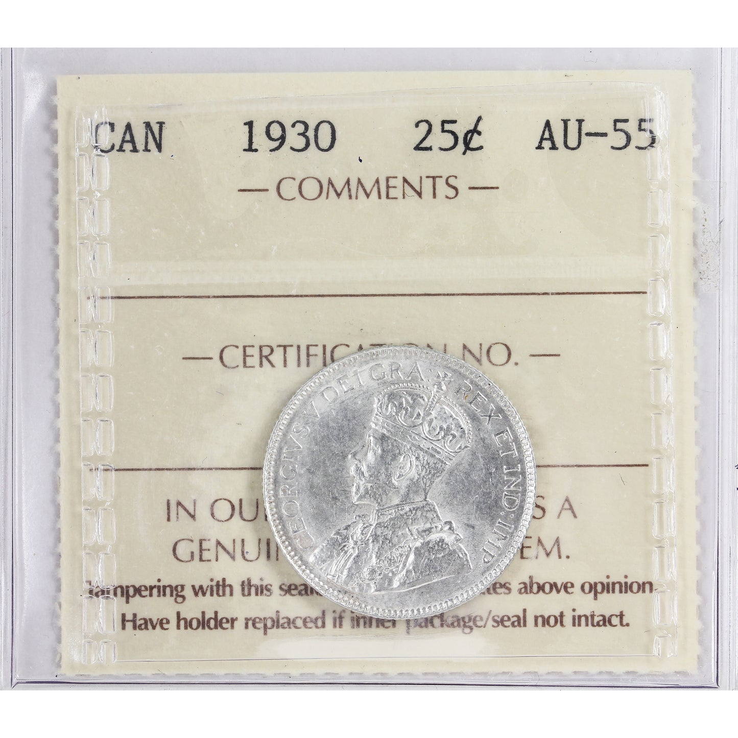 1930 Canada 25-cents ICCS Certified AU-55