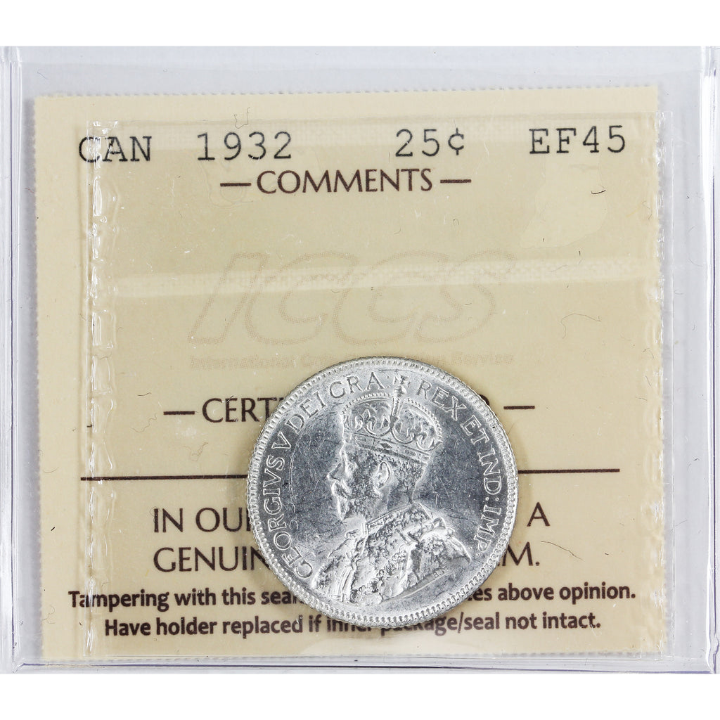 1932 Canada 25-cents ICCS Certified EF-45