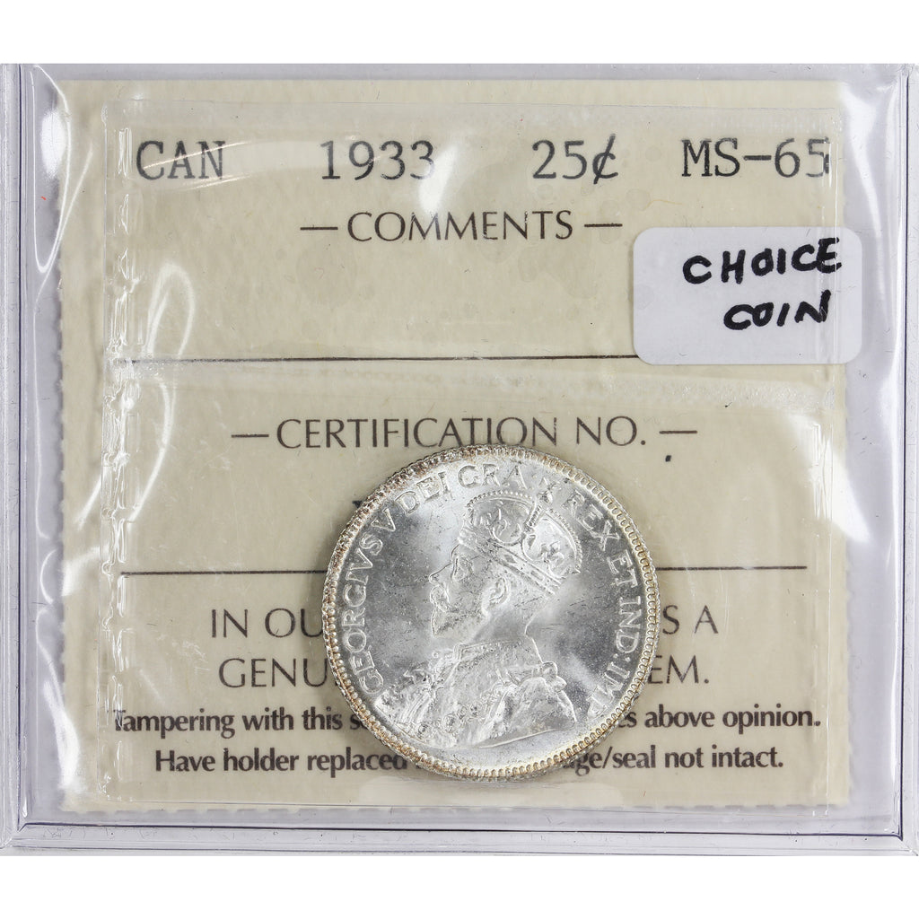 1933 Canada 25-cents ICCS Certified MS-65 (YH 944) A choice coin!