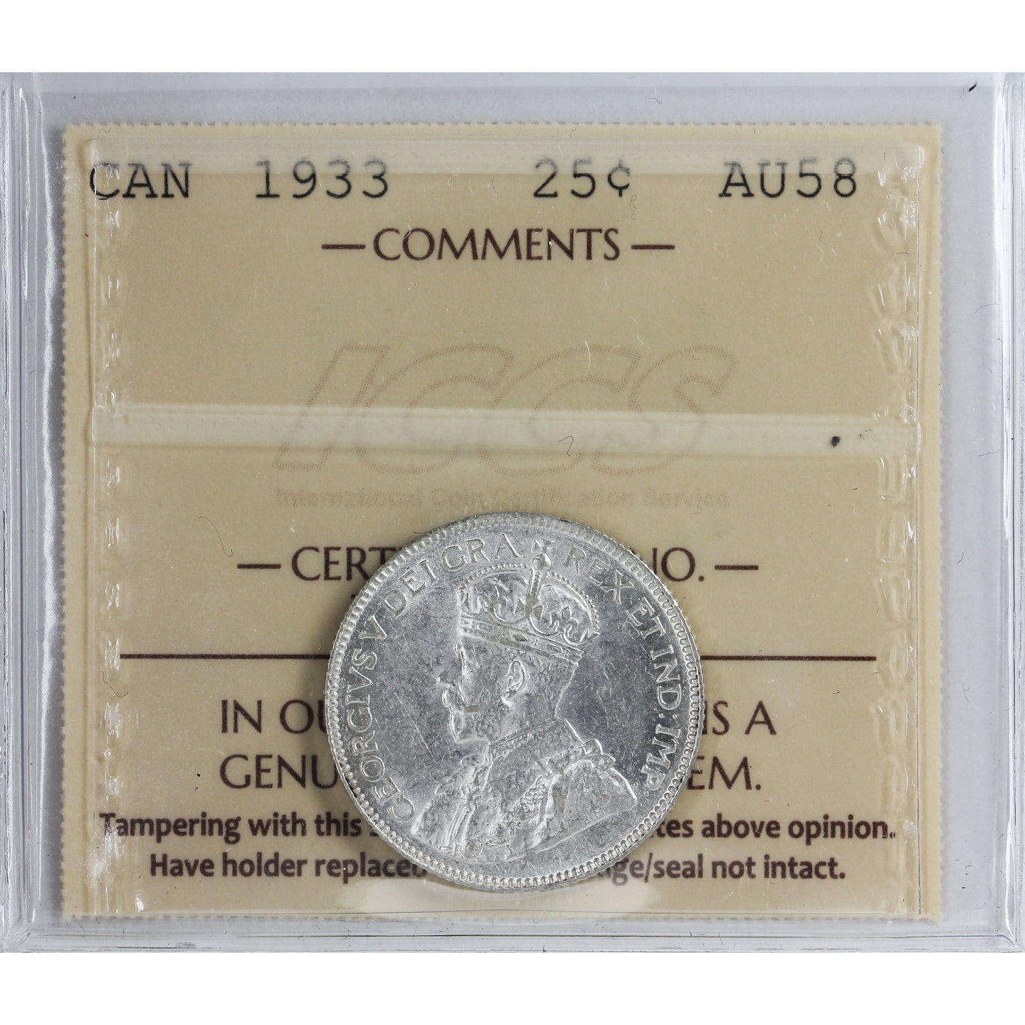 1933 Canada 25-cents ICCS Certified AU-58