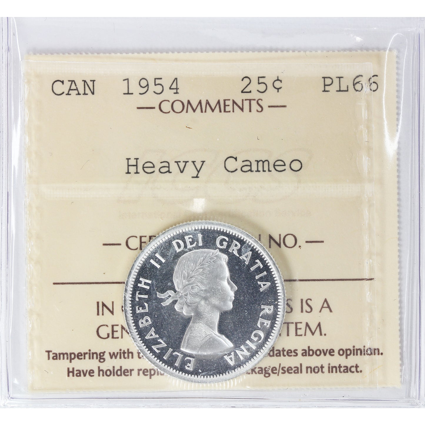 1954 Canada 25-cents ICCS Certified PL-66 Heavy Cameo