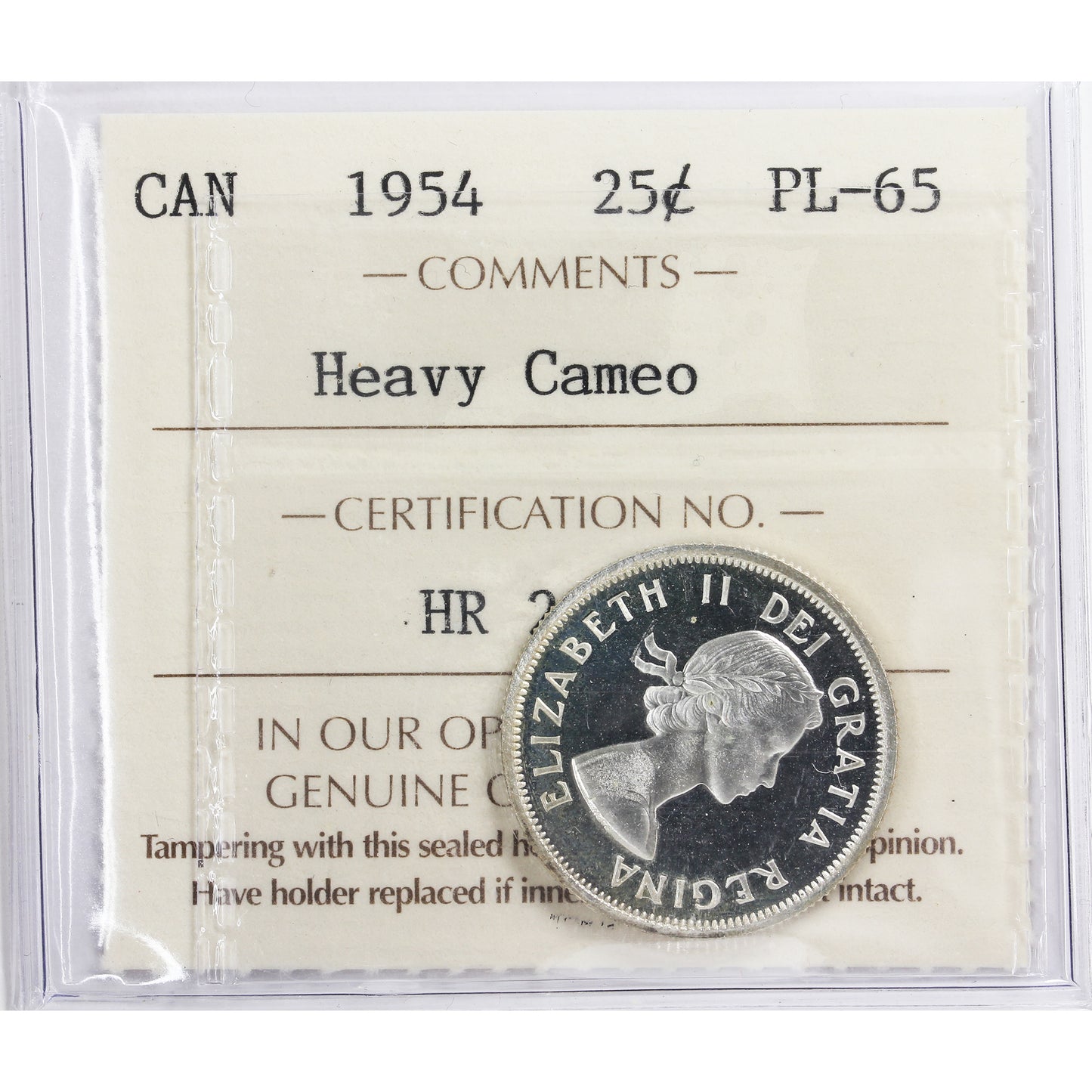 1954 Canada 25-cents ICCS Certified PL-65 Heavy Cameo