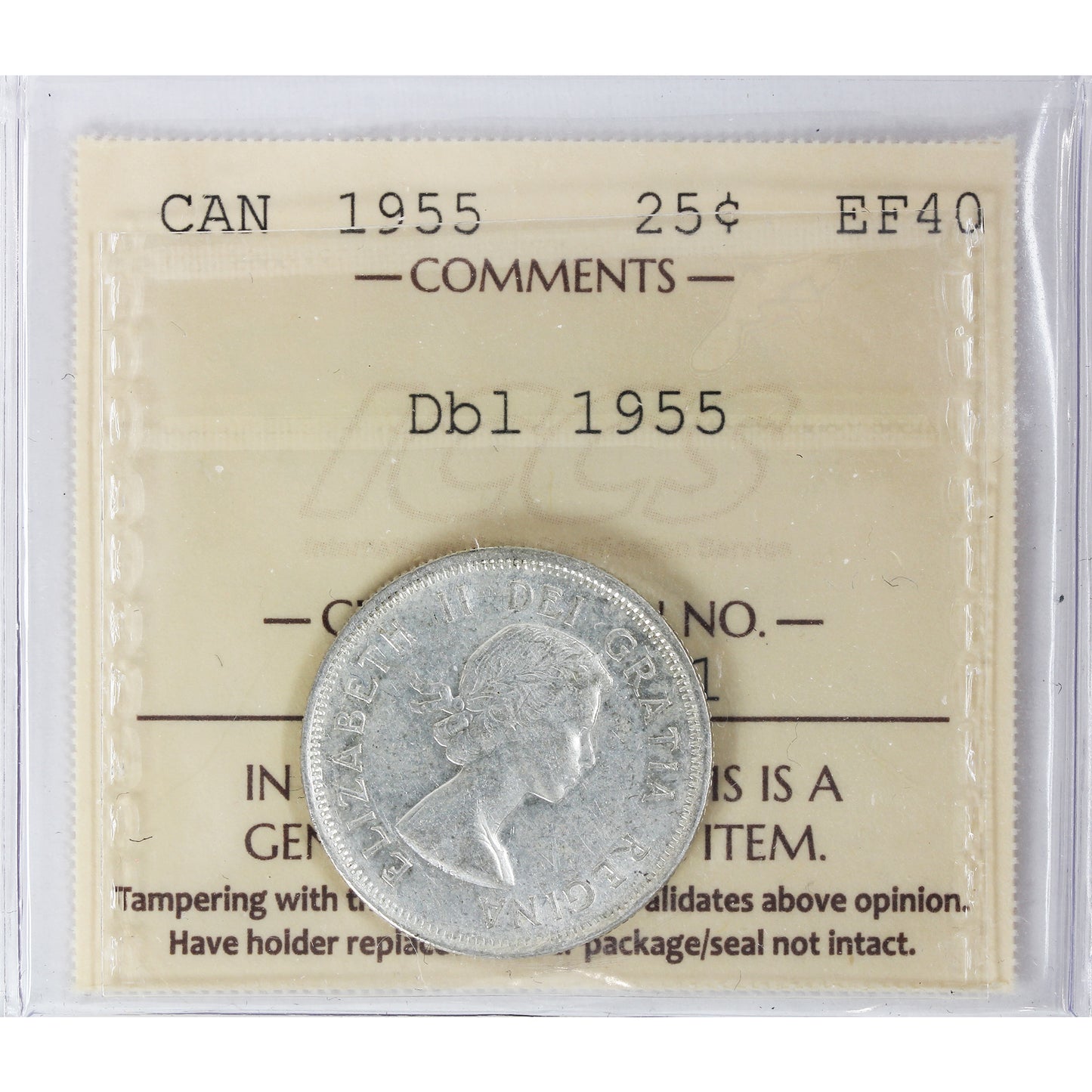 1955 Double 1955 Canada 25-cents ICCS Certified EF-40