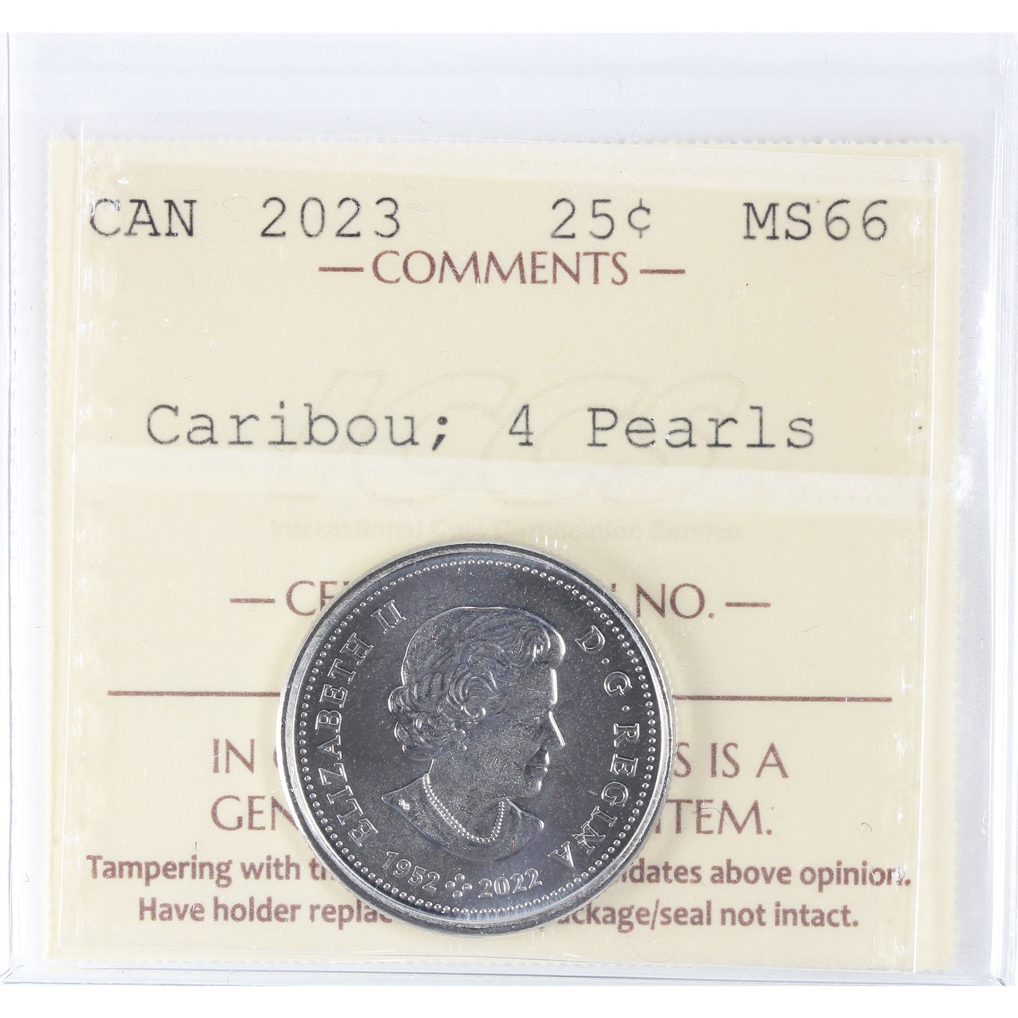 2023 4 Pearls, Caribou Canada 25-cents ICCS Certified MS-66