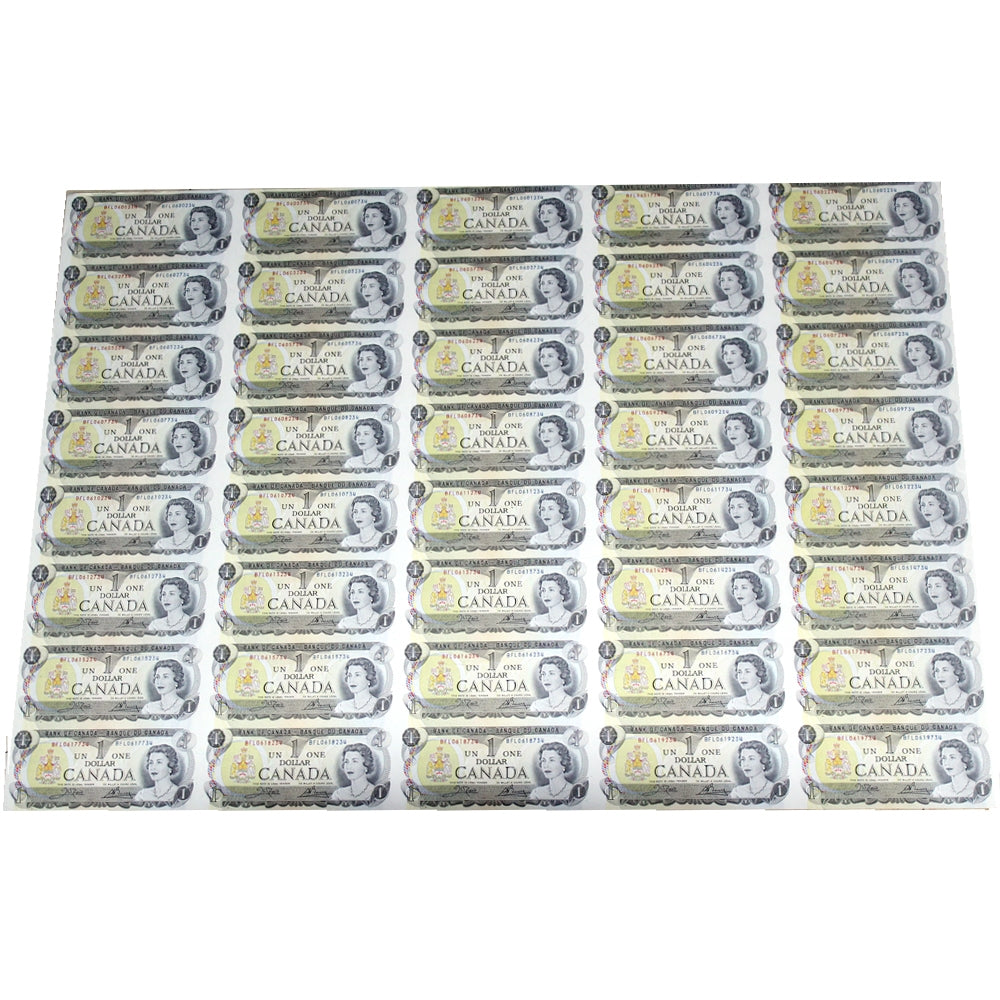 1973 Canada $1 BFL Prefix Uncut Sheet of 40 Notes - 5x8 Format