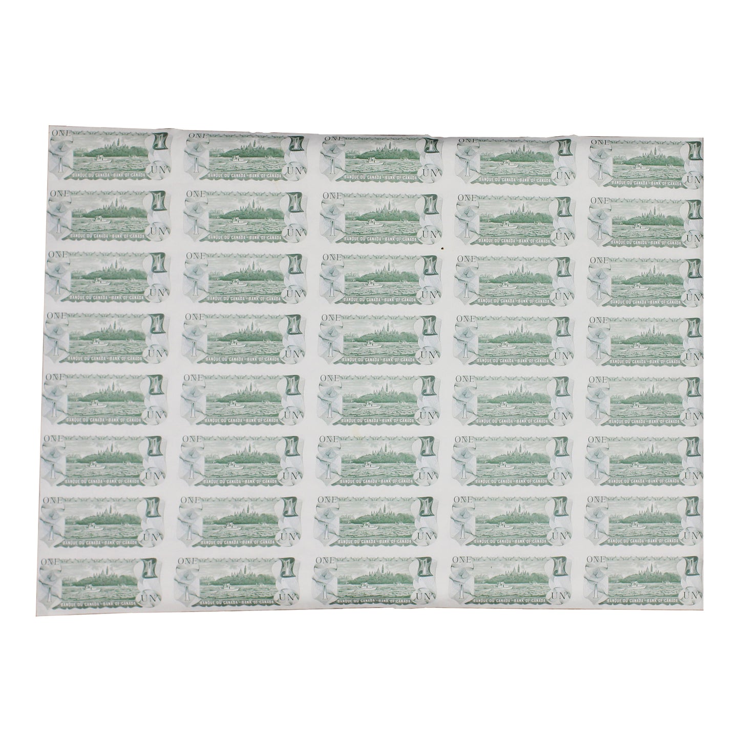 1973 Canada $1 BFD Prefix Uncut Sheet of 40 Notes - 5x8 Format (Ruffled, Pinholes)