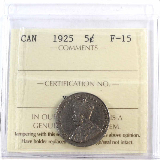 1925 Canada 5-cents ICCS Certified F-15