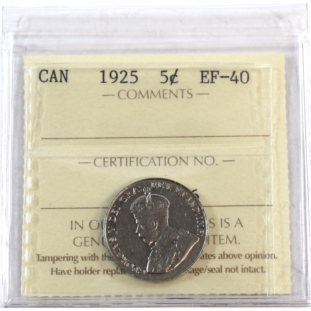 1925 Canada 5-cents ICCS Certified EF-40