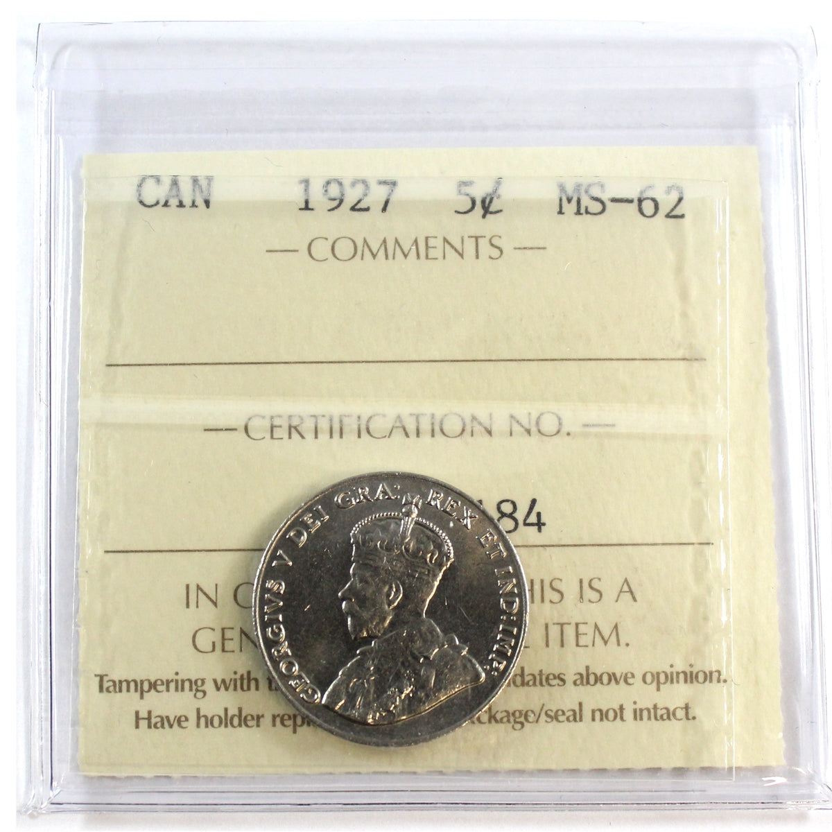 1927 Canada 5-cents ICCS Certified MS-62