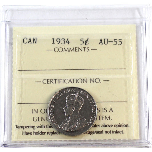 1934 Canada 5-cents ICCS Certified AU-55