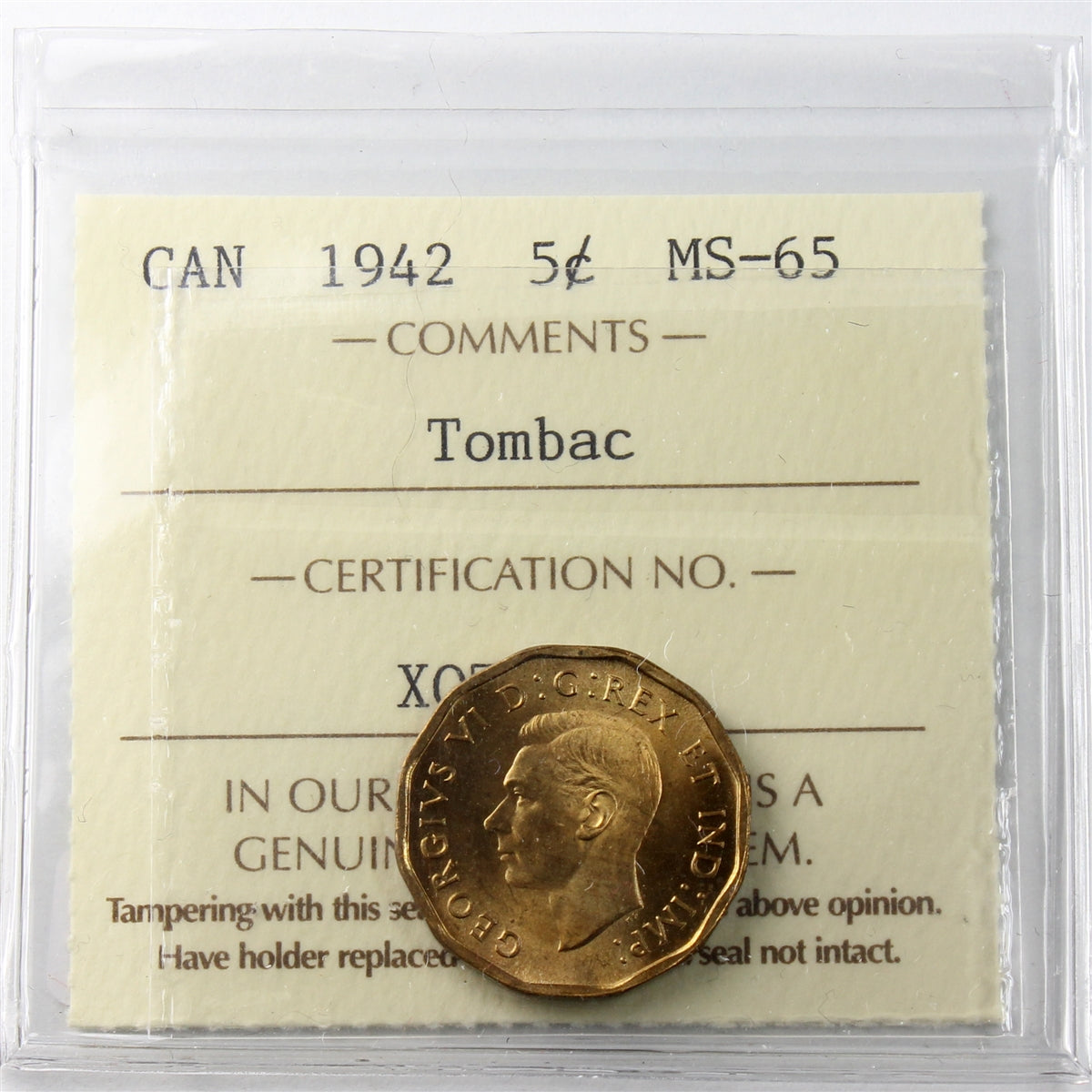 1942 Tombac Canada 5-cents ICCS Certified MS-65