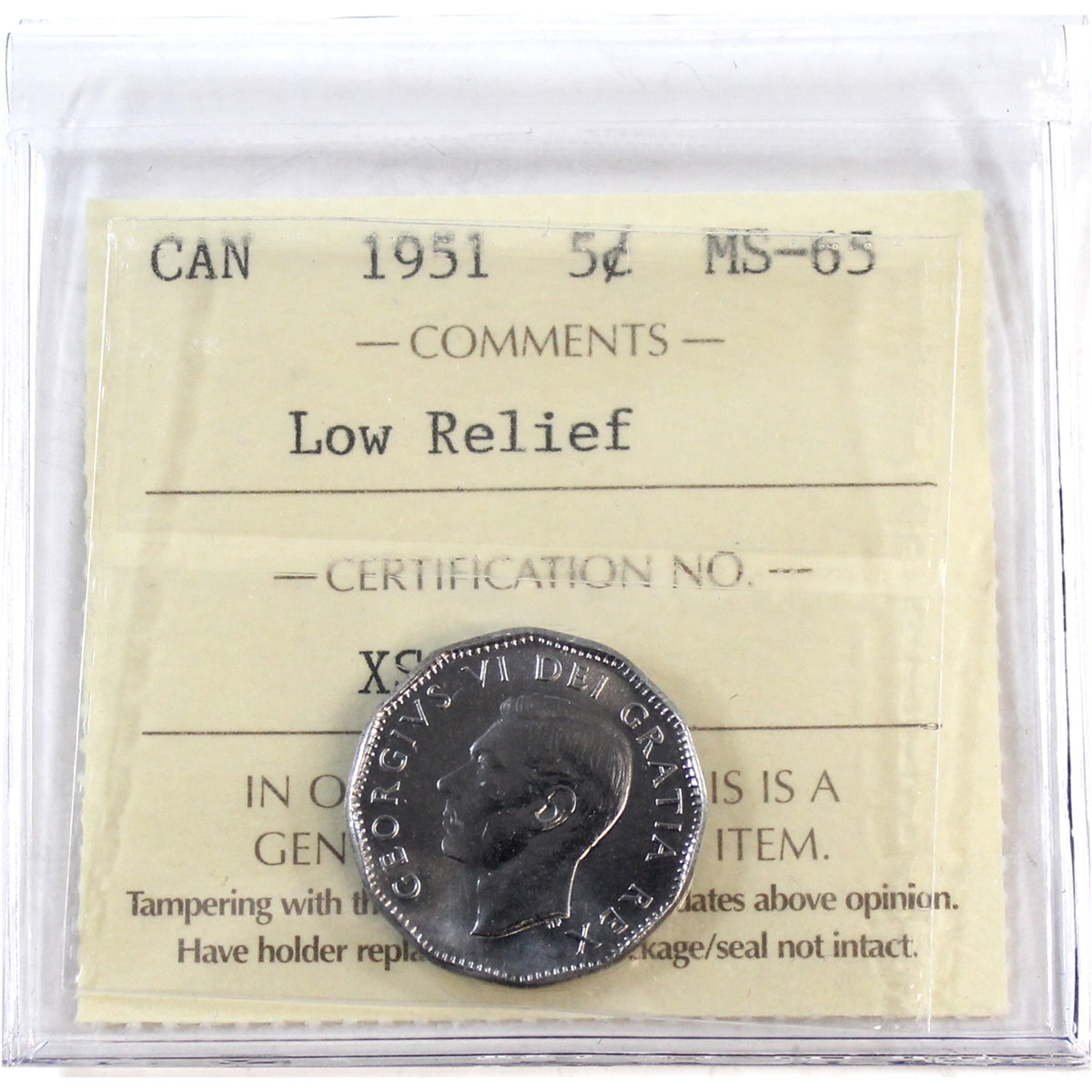 1951 Low Relief Canada 5-cents ICCS Certified MS-65