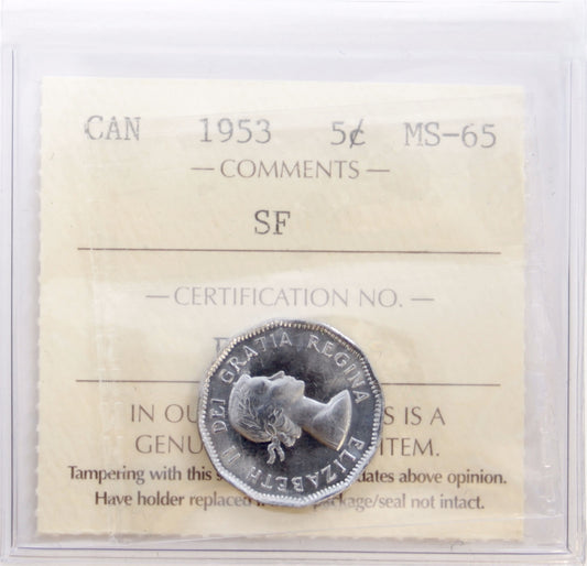 1953 SF NL Canada 5-cents ICCS Certified MS-65