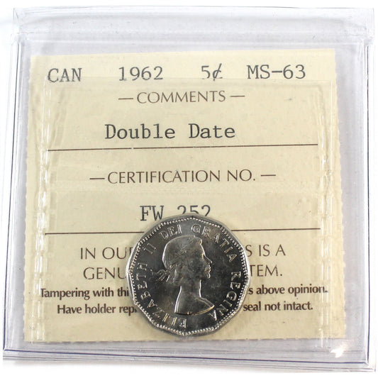 1962 Double Date Canada 5-cents ICCS Certified MS-63