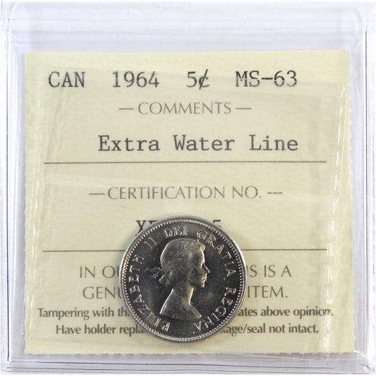 1964 Extra Water Line Canada 5-cents ICCS Certified MS-63