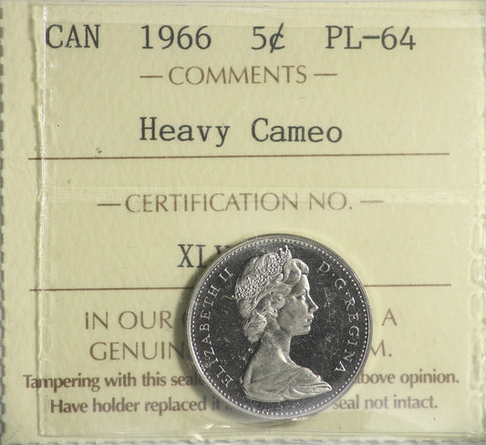 1966 Canada 5-cents ICCS Certified PL-64 Heavy Cameo