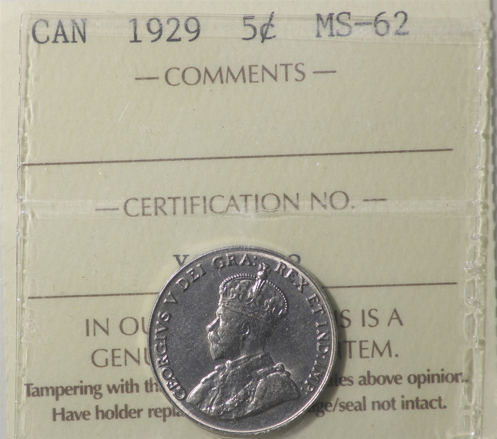 1929 Canada 5-cents ICCS Certified MS-62