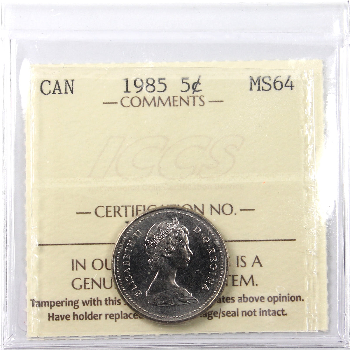 1985 Canada 5-cents ICCS Certified MS-64