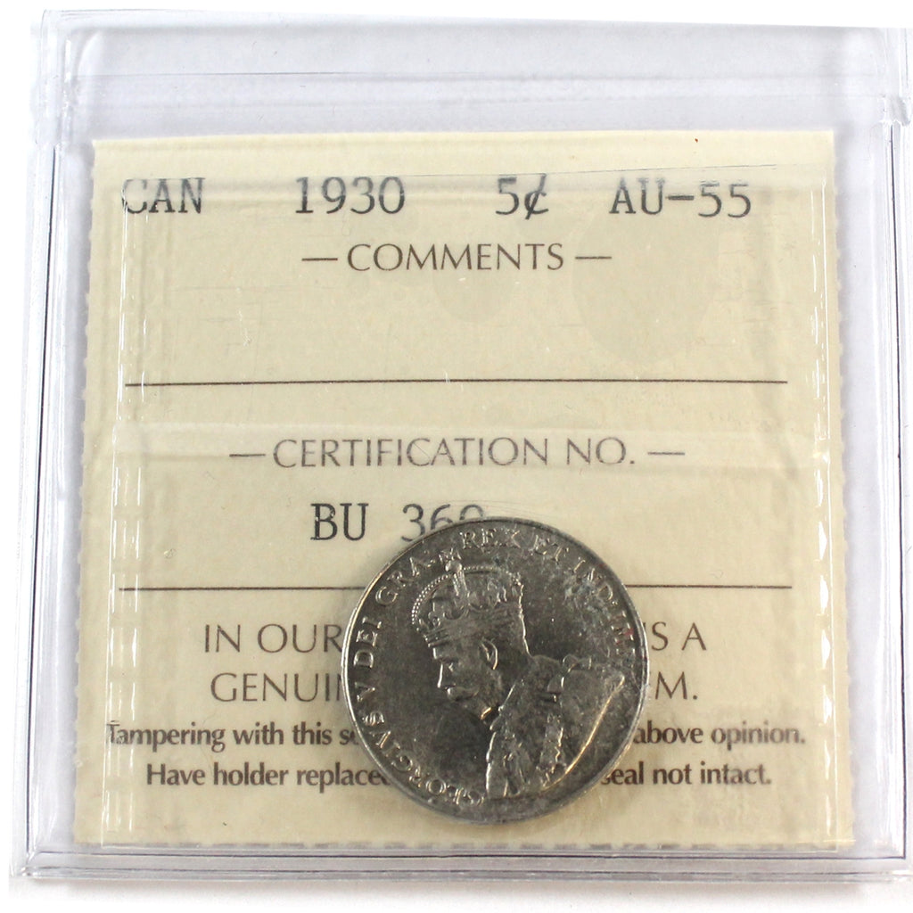 1930 Canada 5-cents ICCS Certified AU-55