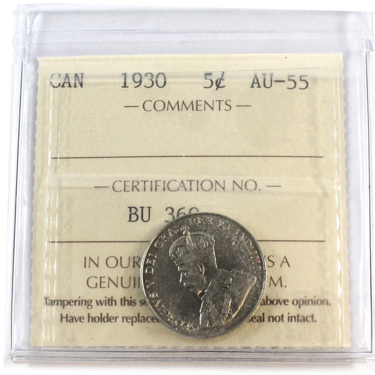 1930 Canada 5-cents ICCS Certified AU-55