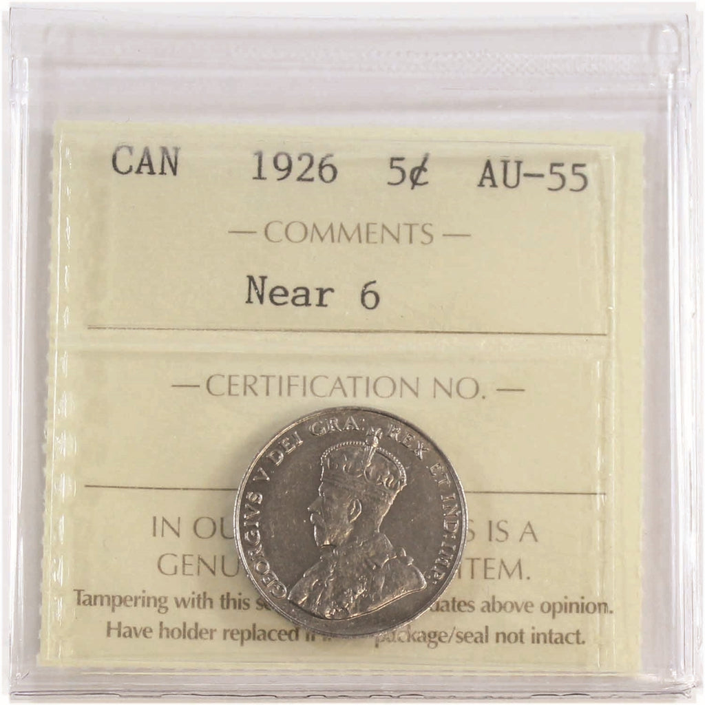 1926 Near 6 Canada 5-cents ICCS Certified AU-55