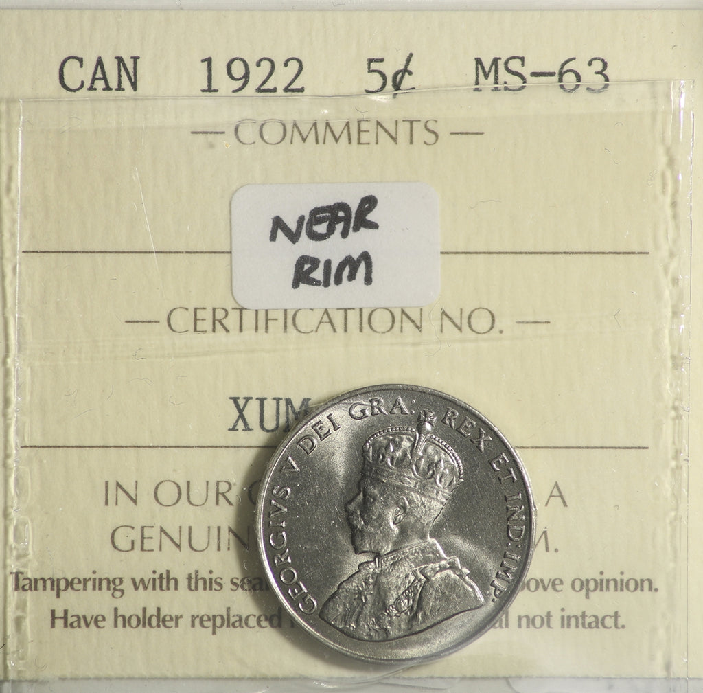 1922 Near Rim Canada 5-cents ICCS Certified MS-63