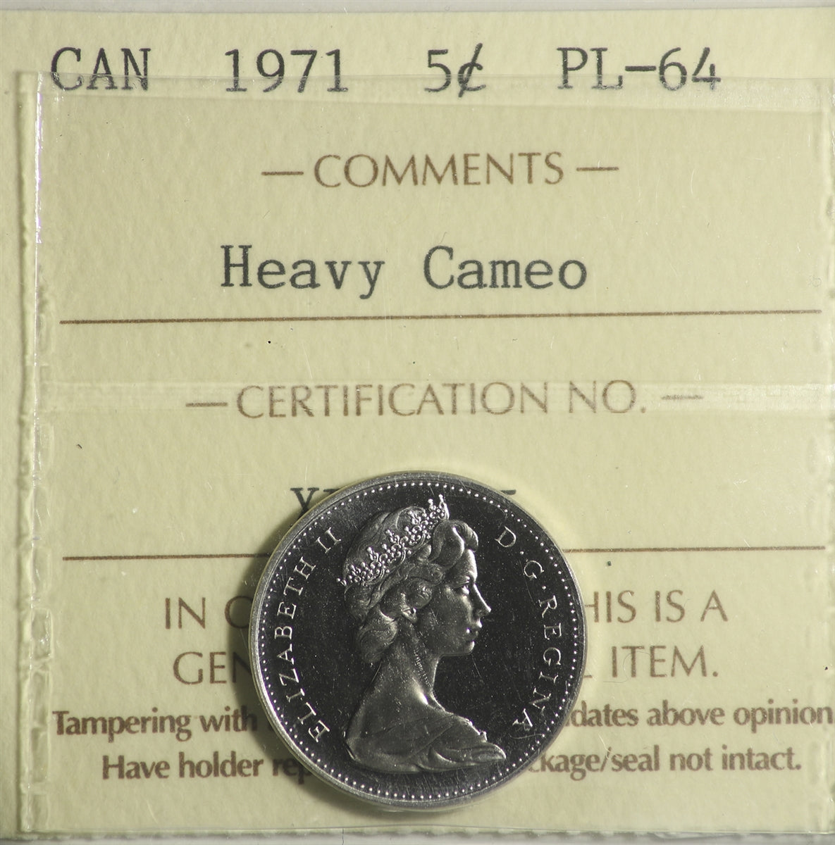 1971 Canada 5-cents ICCS Certified PL-64 Heavy Cameo