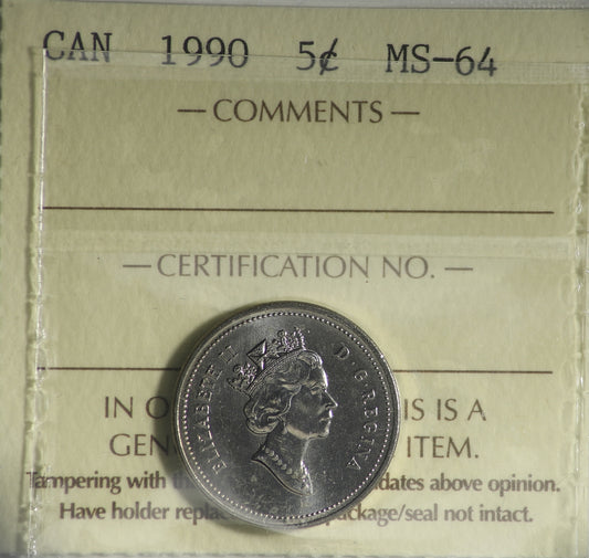 1990 Canada 5-cents ICCS Certified MS-64