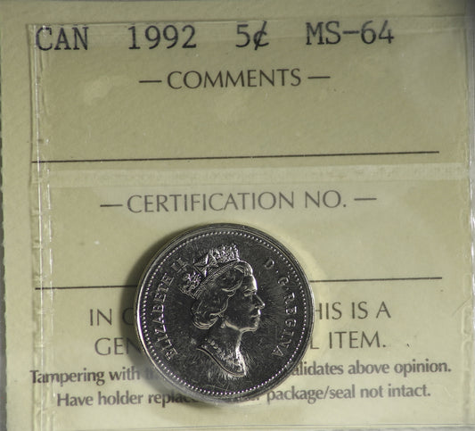 1992 Canada 5-cents ICCS Certified MS-64