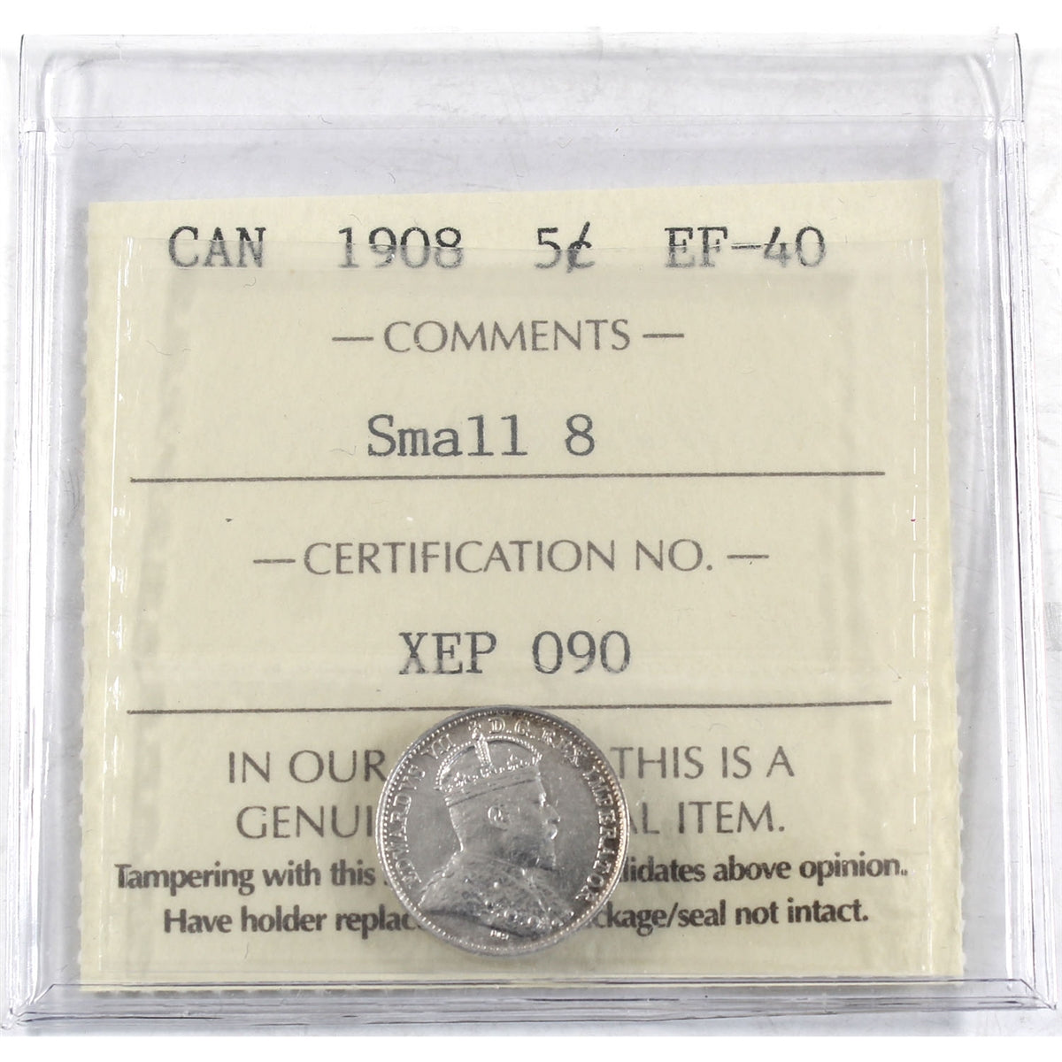 1908 Small 8 Canada 5-cents ICCS Certified EF-40