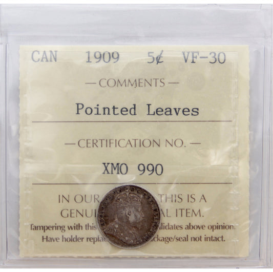 1909 Pointed Leaves Canada 5-cents ICCS Certified VF-30