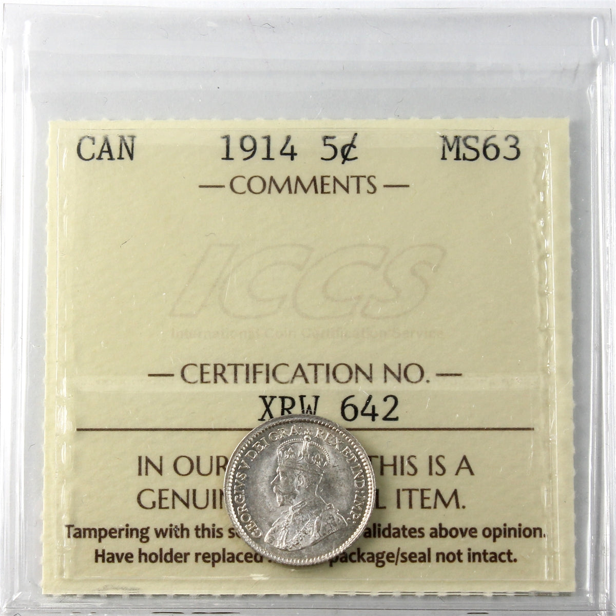 1914 Canada 5-cents ICCS Certified MS-63