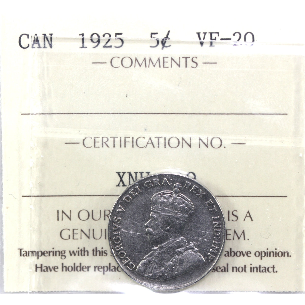 1925 Canada 5-cents ICCS Certified VF-20