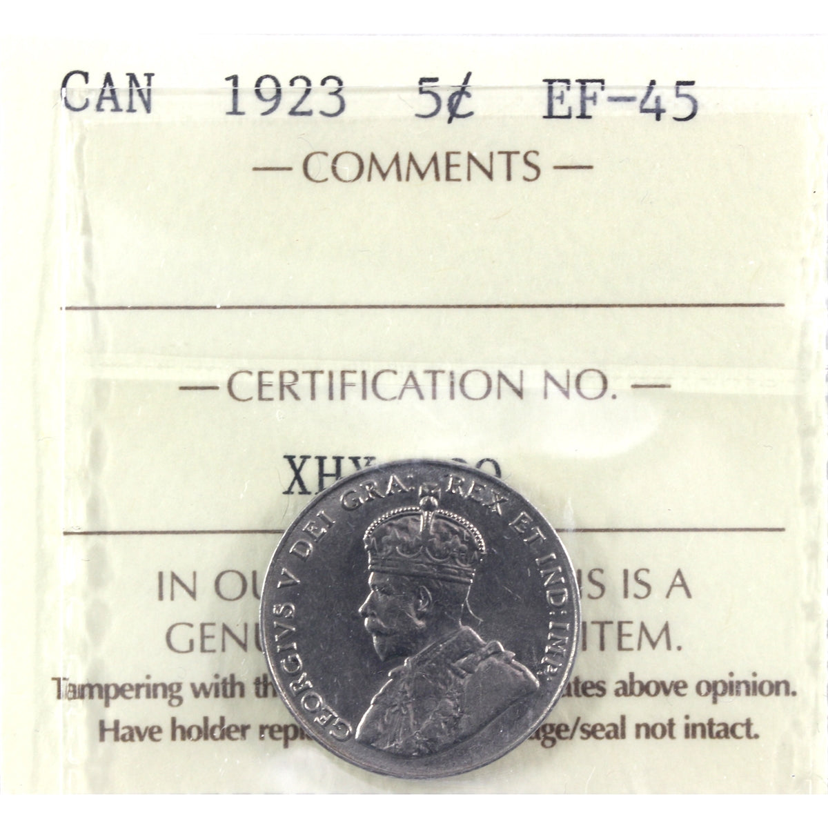 1923 Canada 5-cents ICCS Certified EF-45