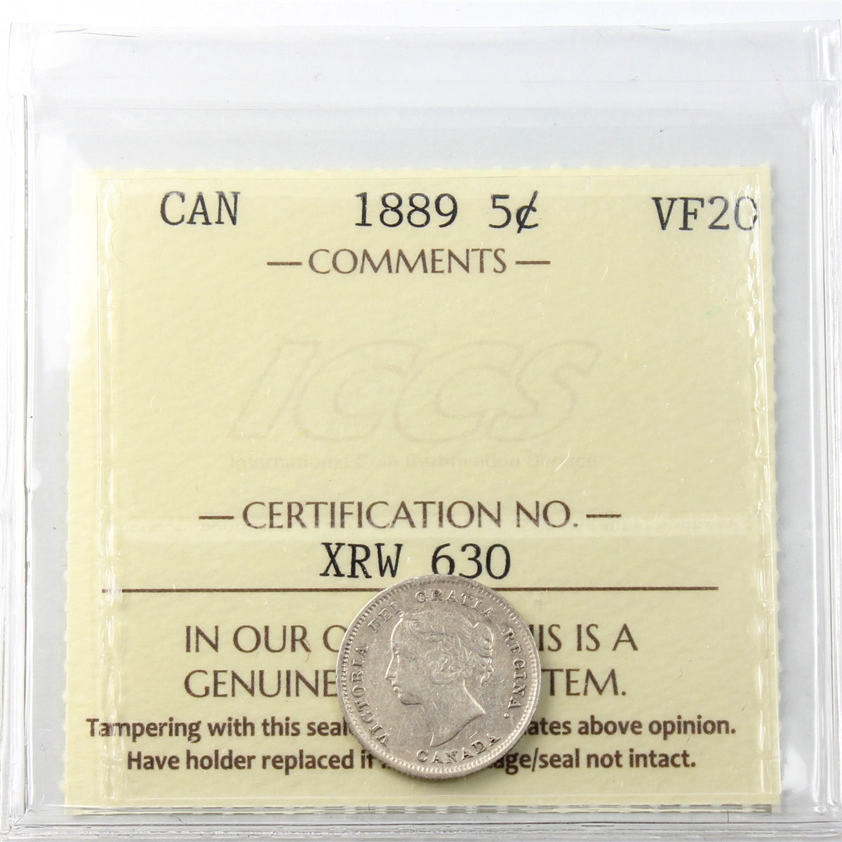 1889 Canada 5-cents ICCS Certified VF-20