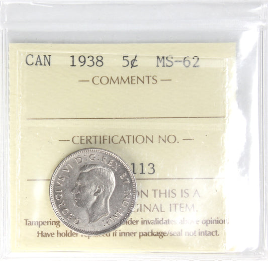 1938 Canada 5-cents ICCS Certified MS-62